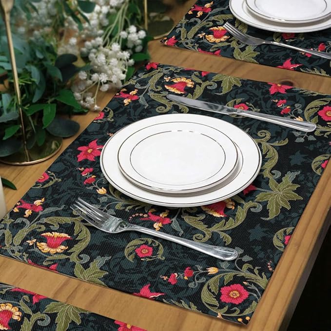 12"x18" Black Navy Red Flowers Damask Leaf Vintage Placemats Set of 4 Washable Thick Place Mats Kitchen Table Mats Decorative Linen Fabric Table Mat for Dining Table Kitchen Home Decor