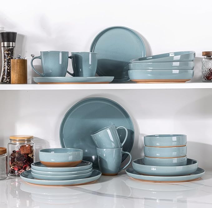 AmorArc 8.75'' Large Ceramic Pasta Bowls, 36oz Handpainted Stoneware Bowls Set of 4, Microwave&Dishwasher Safe Bowls with Rustic Terracotta Underside for Pasta Salad, Blue