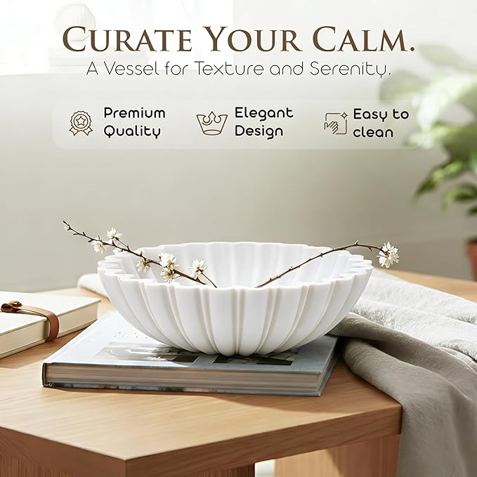White Decorative Bowl Modern Home Decor - 10.6" Large Resin & Sandstone Centerpiece Bowl for Entryway Table, Coffee Table, Kitchen Counter or Serving Fruit, Keys, Includes 10PCS Artificial Moss Rocks