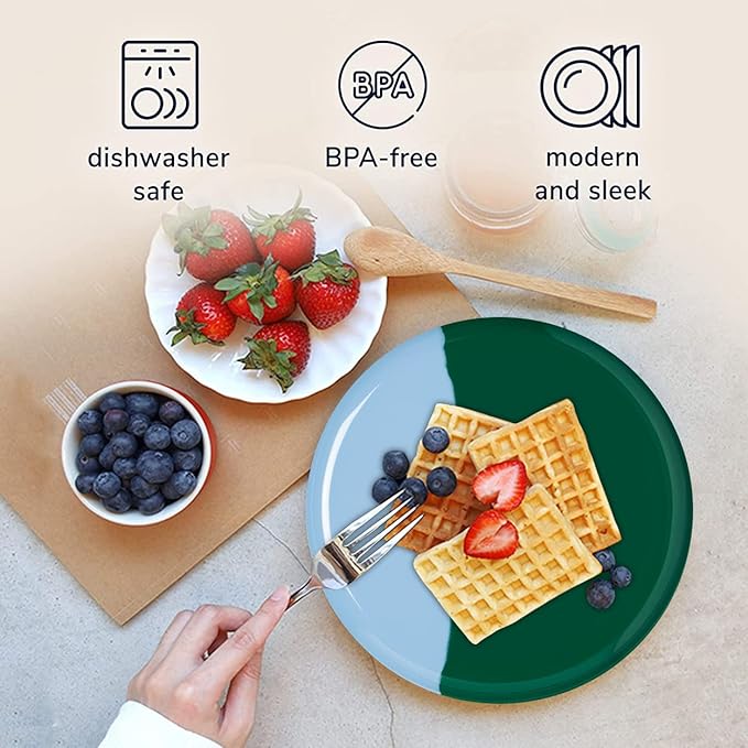 Thomas Fuchs Creative 1/2 & 1/2 Melamine Side Plates Set of 4, Chip and Break-Resistant, Durable Salad Plates, Kid-Friendly Dessert Plates for Indoor and Outdoor, Dishwasher Safe, Green/Sky Blue
