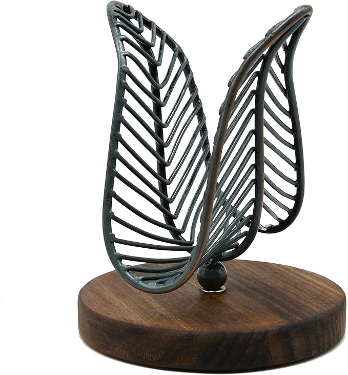 OwlGift Freestanding Modern Napkin Holder w/Golden Turquoise Wrought Iron Leaf & Brown Wooden Base Design, Tabletop Tissue Dispenser, Napkin Storage Organizer