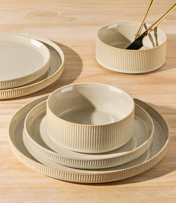 TheTerra Ceramic Dinnerware Sets with Pasta Bowls for 4, 16 Pieces Porcelain Lightweight Speckled Plates and Bowls Sets, Scratch Resistant Dish Set, Oven & Microwave & Dishwasher Safe, Cappuccino