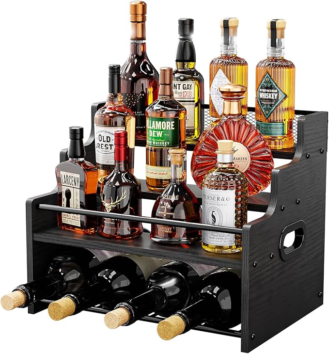 KLM 4-Tier Wood Display Shelf, Black Modern Bottle Organizer, Countertop Bar Stand for Liquor, Coffee Syrup, (Black)