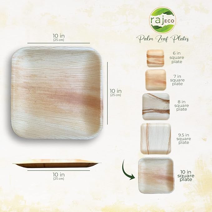 Raj Palm Leaf Plates [200-Pack] 10" Square Plates like Bamboo plates Disposable, Strong, Decorative Compostable Tableware for wedding, Lunch, Dinner, Birthday, Camping, Outdoor BBQ, Picnic…