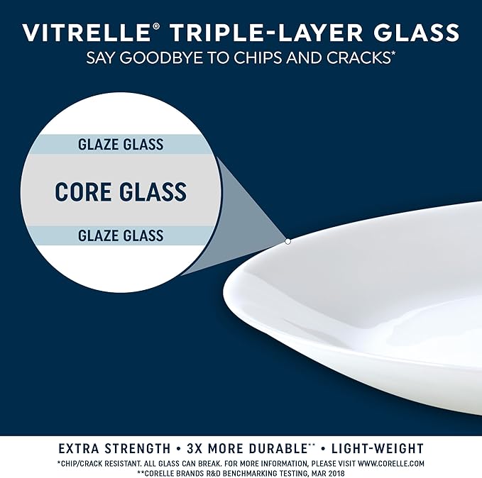 Corelle Vitrelle 18 Piece Glass Dinnerware Sets Service for 6, Triple Layer Chip & Crack Resistant Glass Plate and Bowl Sets, Acadia