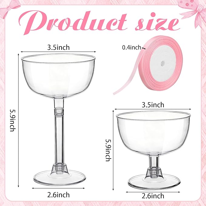 20 Set Disposable Plastic Martini Glasses with Pink Bow 6.5 oz Clear Coupe Glasses Acrylic Champagne Tower a Tini Bit Party Favor Cocktail Unbreakable Dessert Glass for Wedding Birthday