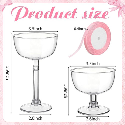 20 Set Disposable Plastic Martini Glasses with Pink Bow 6.5 oz Clear Coupe Glasses Acrylic Champagne Tower a Tini Bit Party Favor Cocktail Unbreakable Dessert Glass for Wedding Birthday