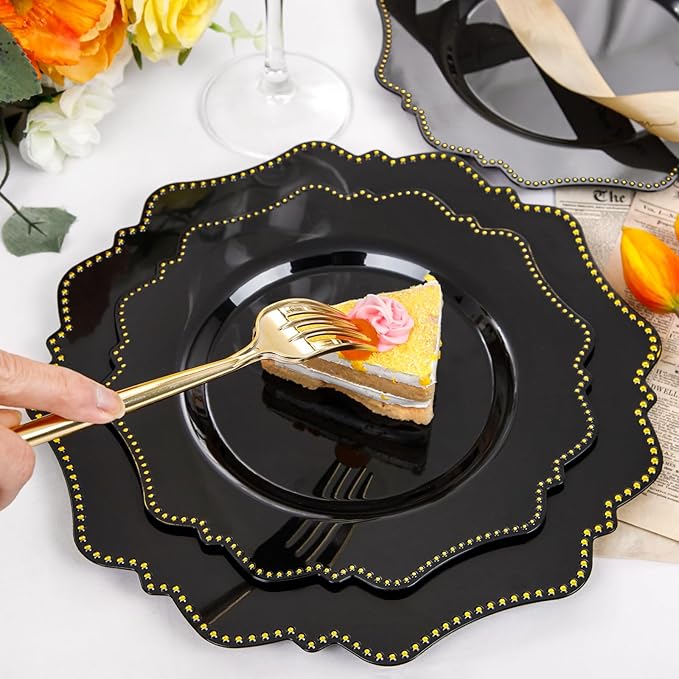 COLOSUS 60pcs Disposable Plastic Plates Set, Gold Black Party Plates, 30pcs Dinner Plates and 30pcs Salad/Dessert Plates for Wedding, Party, Anniversary, Daily Use，New Year