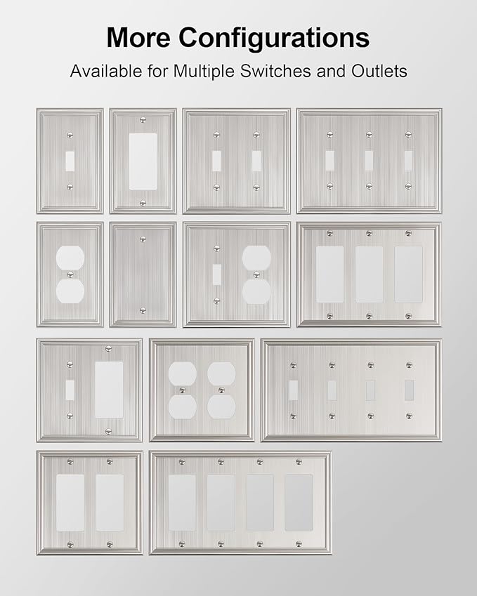 6-Pack Single Duplex Outlet Cover Plate, Decorative Brushed Nickel Switch Plates and Outlet Covers, Metal Wall Plates for Electrical Outlets, 1 Gang Receptacle Cover, Corrosion Resistant