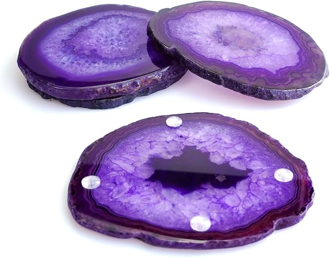 Purple Agate Slices Large Crystal Geode Coasters Set of 4 with Rubber Bumpers - Unique 4-5 Inch Dyed Stone Drink Cup Coasters for Home Decor, Coffee Table, Bar Accessories