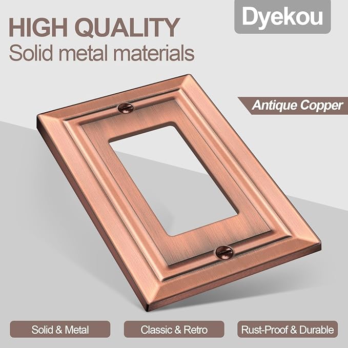 Metal Wall Plate for Electrical Outlets, Decorative Antique Copper Switch Plates Outlet Cover, Light Switch Cover Plate, 1-Gang Wall Plates (Single Decoretor, 6 Pack)