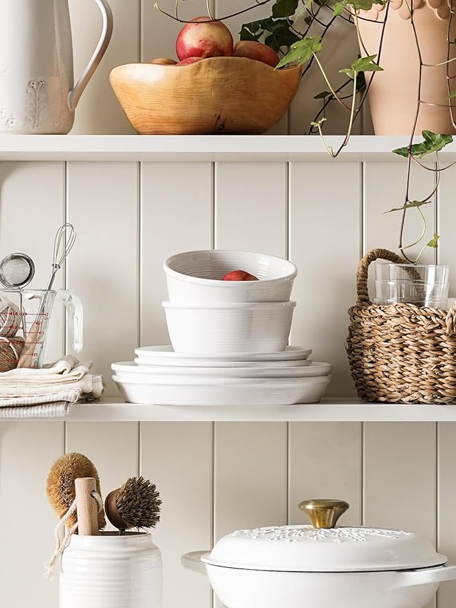 LE TAUCI Ceramic Plates and Bowls Set for 4, 12-Piece Ceramic Dinnerware Set, Farmhouse Dishes Set, Microwave & Dishwasher Safe, Stackable, 10" Dinner+8" Salad Plates+6" Bowls, White