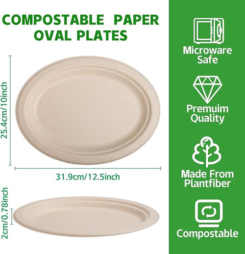 120 Pack Oval Paper Plates,12.5 Inch Disposable Paper Plates,Super Strong Oval Paper Dinner Plates,Compostable Biodegradable Sugarcane Plates for BBQ,Party,Picnic(Brown)