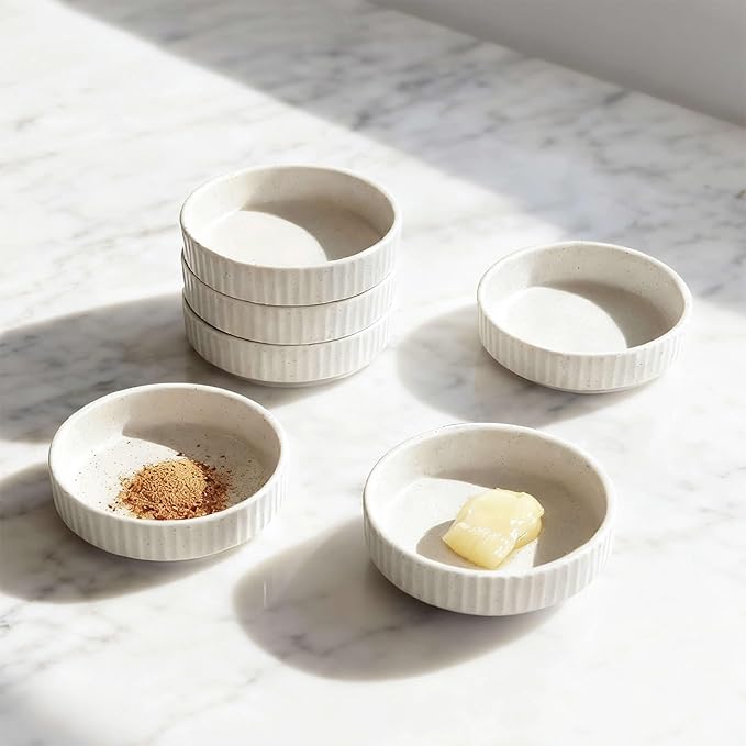 Ceramic Dipping Bowls Set of 6, 4oz Sauce Dishes, 3.74 Inch Diameter, Oxford White with Vertical Texture, Stackable & Dishwasher Safe (White)