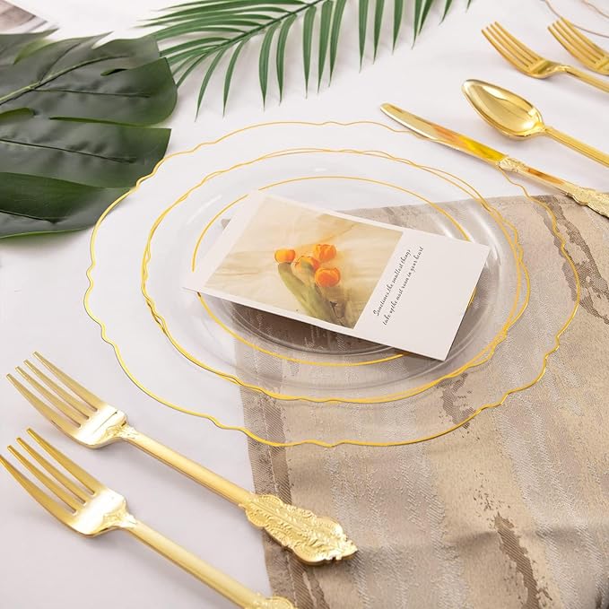 WDF 100pcs Clear Disposable Plastic Plates With Gold Trim - Baroque Clear Gold including 50PCS Dinner Plates 10.25inch and 50PCS Salad Plates 7.5inch for Wedding Birthday Valentine's Day