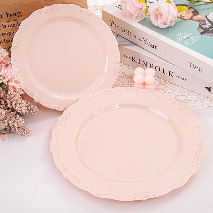 U-QE 100PCS Mauve Pink Plastic Plates for Party - Plastic Party Plates Disposable Heavy Duty - Pink Valentines Plates for Valentine's Day Including 50PCS 10.25'' Dinner Plates&50PCS 7.5'' Pink Plates