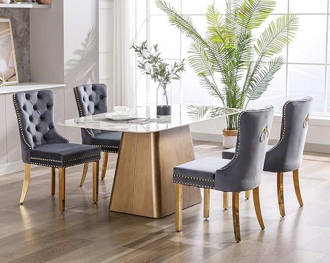 KCC Velvet Dining Chairs Set of 4, Upholstered High-end Tufted Dining Chair with Nailhead Back Ring Pull Trim Stainless Steel Legs, Contemporary Nikki Collection Modern Style for Kitchen, Dark Gray