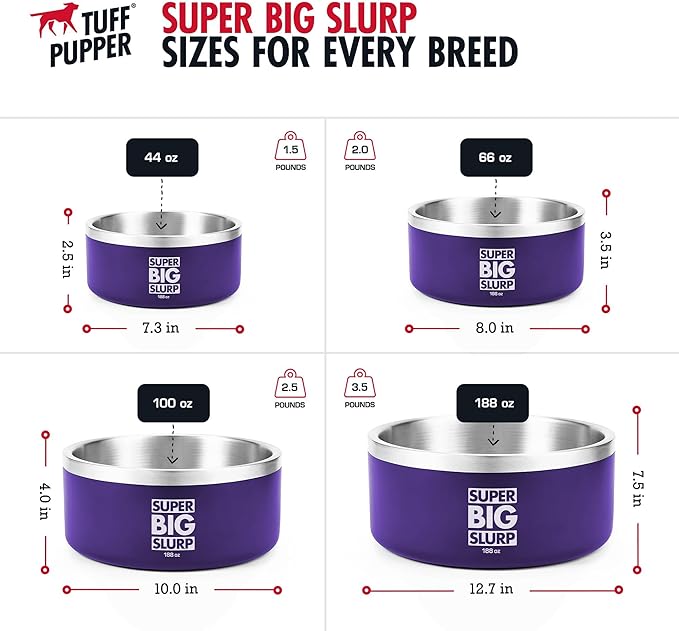 Tuff Pupper 100 oz Heavy Duty Insulated Stainless Steel Dog Bowl for Large Dogs, Non-Slip Base, Dishwasher Safe
