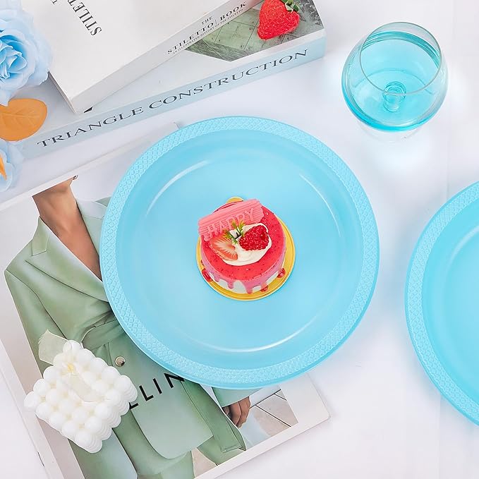WELLIFE Light Blue Party Plates 9 Inch -150 Count, Disposable Plastic Baby Blue Dinner Plates for Party Dessert Cake Appetizer Baby Shower