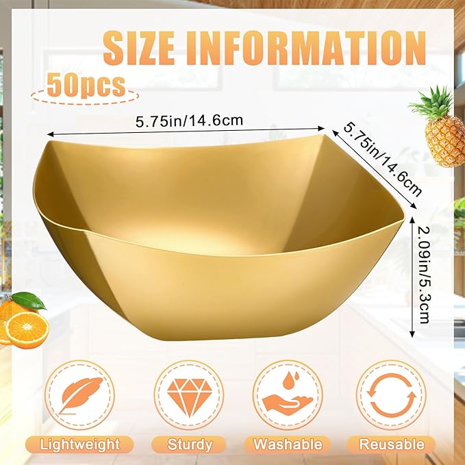 Tanlade 50 Pcs Square Plastic Serving Bowls Disposable Snack Salad Bowl Small Party Candy Bar Containers Taco Bar Serving Dishes for Buffet Chips Fruit (16 oz,Black, Gold)
