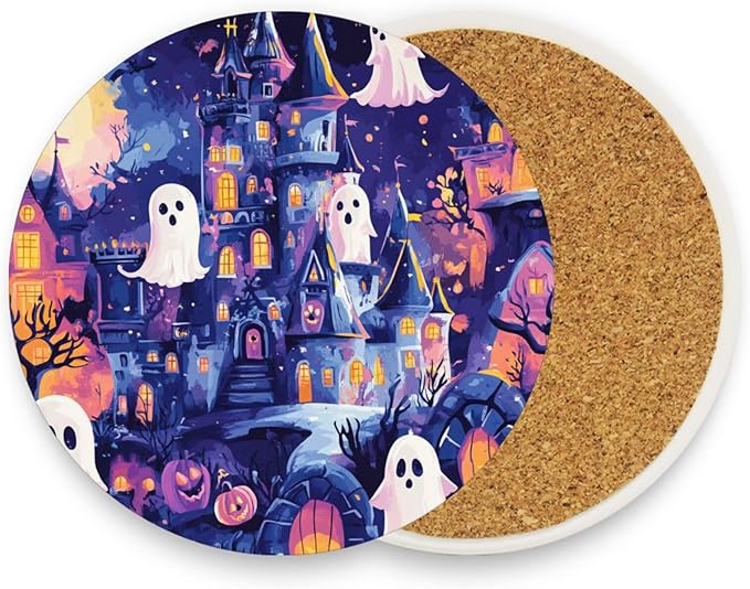 Coasters for Drinks Coaster Drink Set Decorative Coffee Table Desk Cup Mat Spring Cute Cork Bar Backing Round Home Decor Cartoon Halloween Bat Castle Ghost Pumpkin44