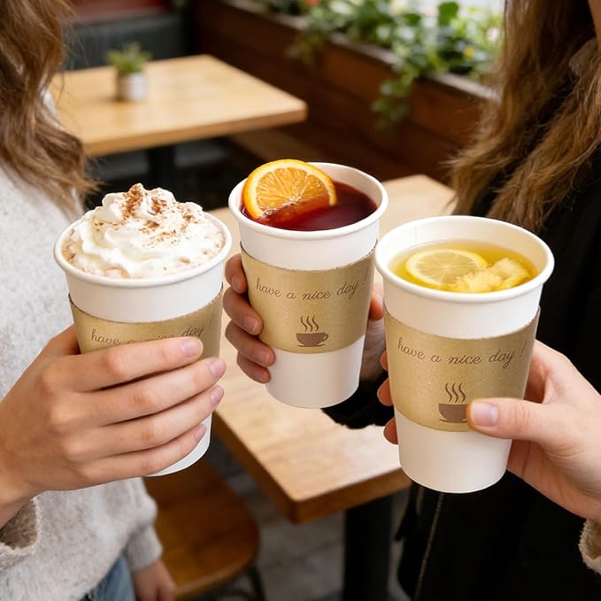 50 Pack 16 oz Disposable Coffee Cups with Lids, Paper Hot Coffee Cups with Sleeve and Straw, To Go Cups for Home, Office, and Party (White 16oz)