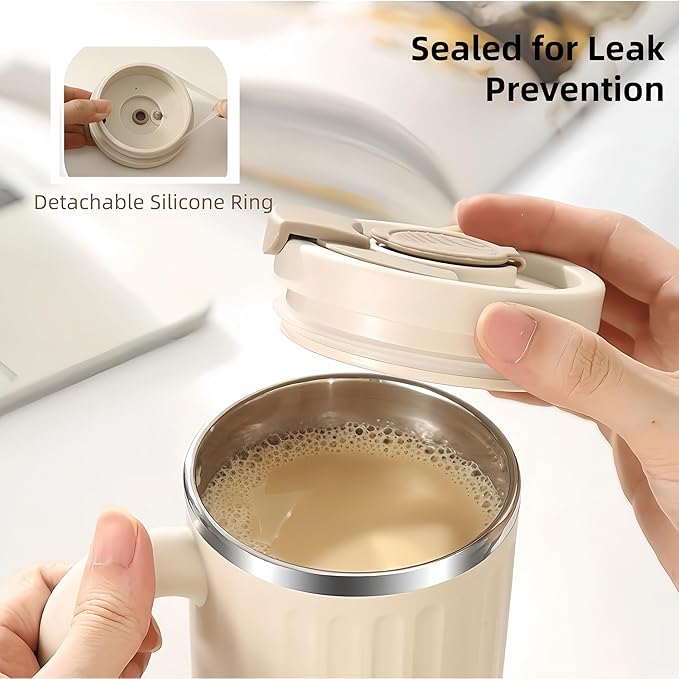 16oz Insulated Coffee Mugs - Ideal for Indoor Office Use. Features SUS 304 Inner, Double Wall Insulation, Detachable Silicone Ring. 3 Drinking Options. Available in White, Brown, Pink (Pink)