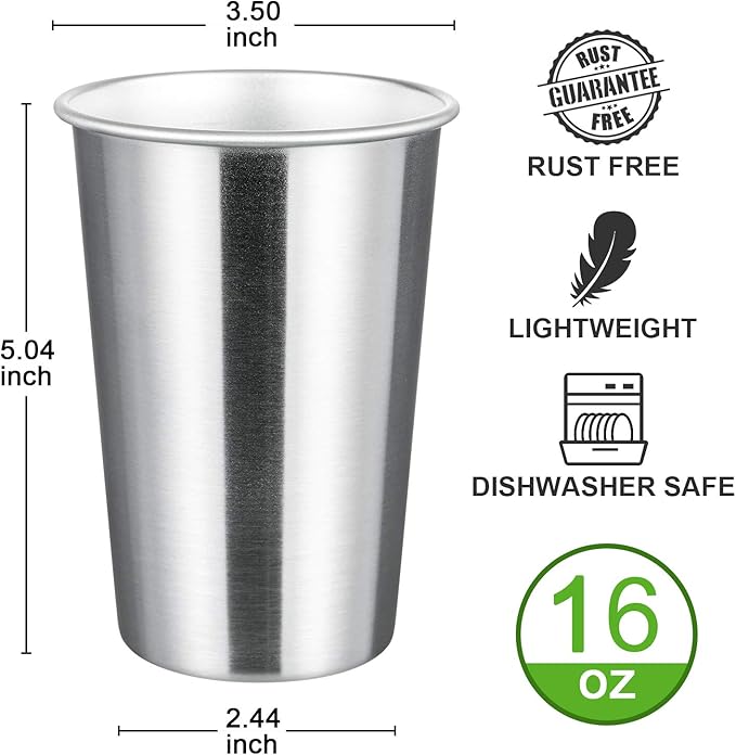 MEWAY Premium Stainless Steel Cups 16 oz Pint Cup Tumbler (12 Pack) - Premium Metal Cups - Stackable Durable Cup，Chilling Beer Glasses, for Travel, Outdoor, Camping, Everyday