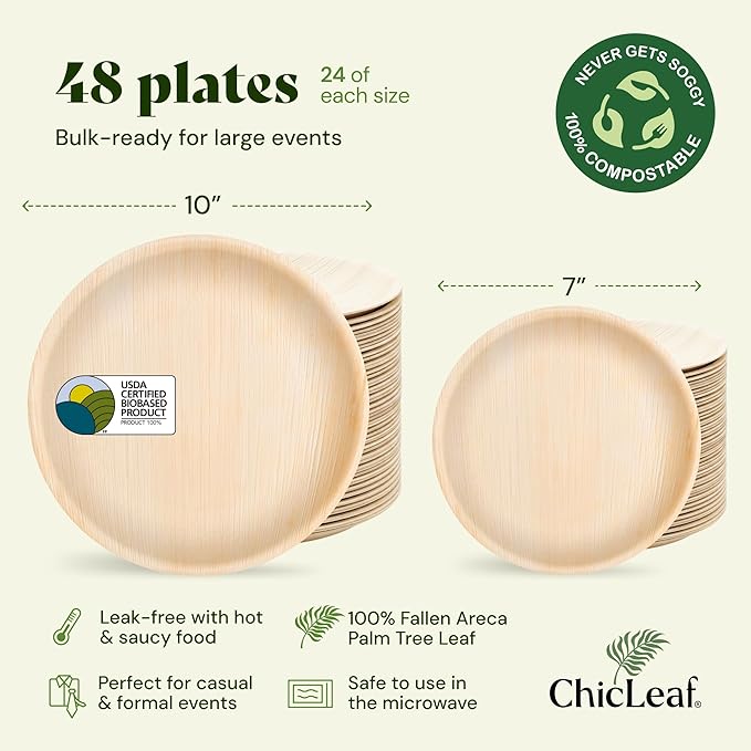 Chic Leaf Round Palm Leaf Plates - 10-Inch & 7-Inch, Pack of 48 - Compostable Disposable Bamboo Plates for Parties, Winter Cozy Dinner, Wedding & Valentine's day Romantic Candlelit Home Dining