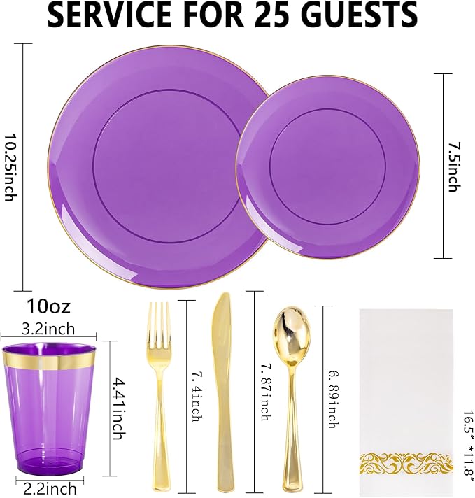 YOUBET 175PCS Purple Plastic Plates - Purple and Gold Disposable Plates Include 50 Plate, 75 Silverware, 25 Cups, 25 Napkins for Wedding & Mardi Gras Party