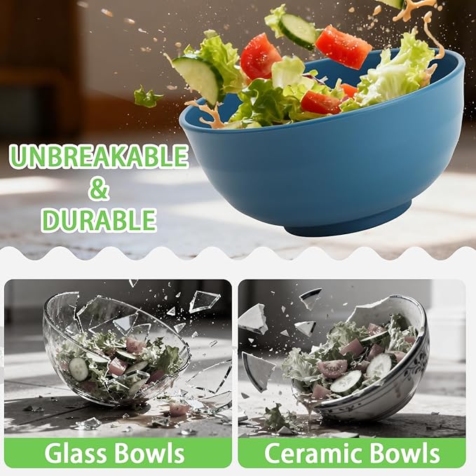 Wheat Straw Bowls Set of 6, 60 OZ Unbreakable Camping Bowls, Microwave Safe & Dishwasher Safe, Large Salad Bowls for Outdoor, Picnic, RV Trips, Ramen, Cereal, Soup, Dark Blue