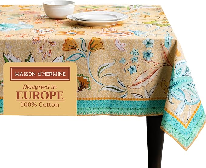 Maison d' Hermine Table Cloth Square Table 100% Cotton 60 x 60 Inches Tablecloth Reusable Decorative for Dining Room Farmhouse Home Valentines Day Decorations Spring Summer - Luxury Loft - Peach