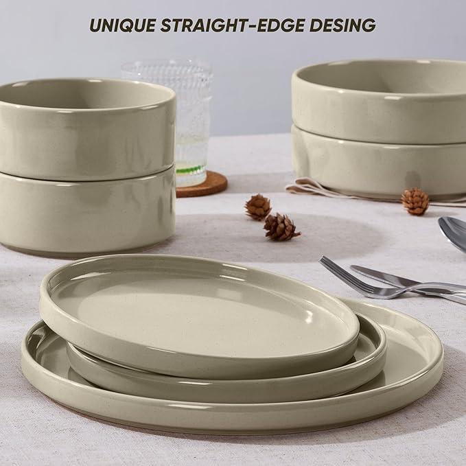E-far 8-Piece Plates and Bowls Sets - Stoneware Dinnerware Sets with Pasta Bowls for 2 | Microwave & Dishwasher Safe Kitchen Modern Dish Set, Speckled Khaki
