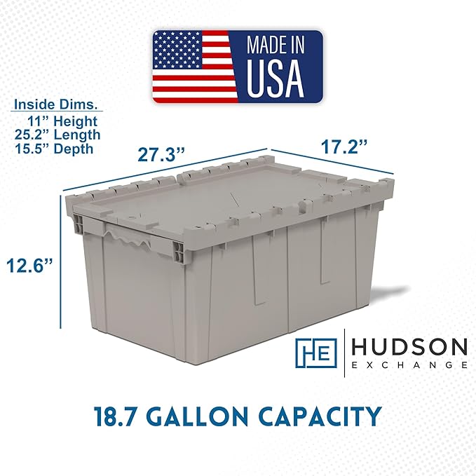 Hudson Exchange 27.3 x 17.2 x 12.6 (3 Pack) Storage Tote Distribution Container with Hinged Attached Lid, Gray/Brown