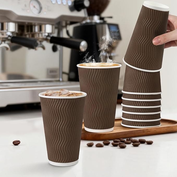 500 Pack 16 oz Disposable Coffee Cups No Lids, Insulated Ripple Wall Paper Coffee Cups 16oz for Hot Chocolate Tea Home Travel Office (Brown)