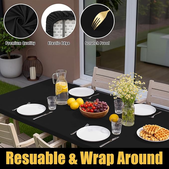 Smiry Rectangle Picnic Table Cloth, Waterproof Elastic Fitted Tablecloths for 8 Foot Tables, Washable Polyester Table Cover for Camping, Indoor and Outdoor (Black, 36"x96")