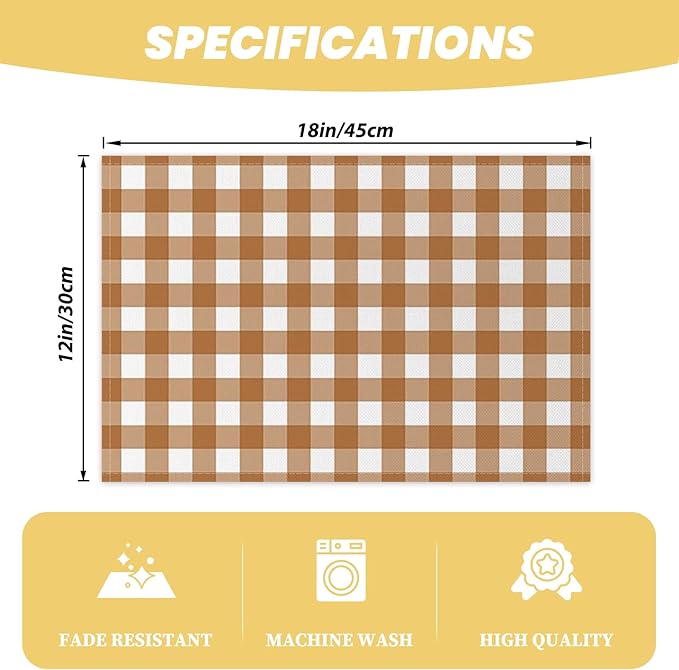 AOFOTO Brown Plaid Placemats Set of 4 for Dining Table Brown and White Checkered Place Mats Washable Rectangular Stripes Table Mats for Party Home Kitchen Restaurant Decor 12x18 Inch