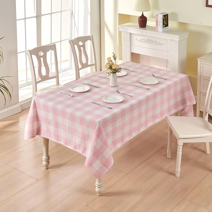 BALCONY & FALCON Rectangle Gingham Table Cloth – Water-Resistant Cotton Blend Washable Checkered Tablecloth for Valentine，Outdoor Picnic, Camping, Kitchen, Party Decor (Pink White, 55x71 Inch)