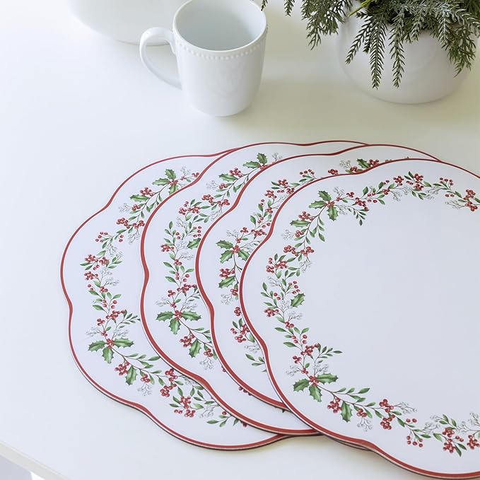 Benson Mills Cork Placemats Set of 4, Thick Cork Place Mats for Kitchen and Dining Tables, Easy Clean Table Mats for Christmas, Winter and Holidays (13.75" Round Set of 4, Holly Wreath)
