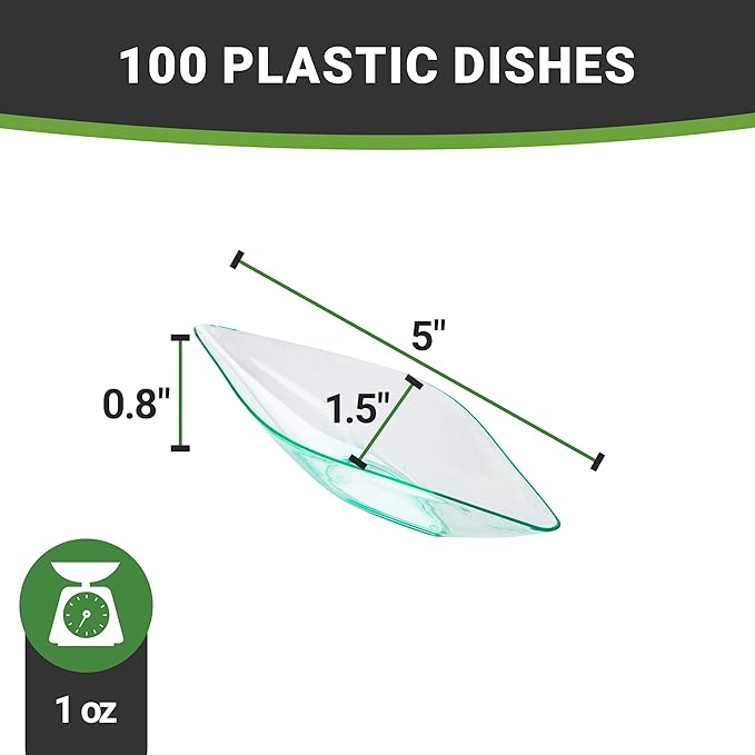 Restaurantware 1 Ounce Dipping Sauce Bowls 100 Disposable Dipping Sauce Dishes - Canoe Shaped Unique Design Seagreen Plastic Small Dishes For Dips Appetizers Desserts Or Samples