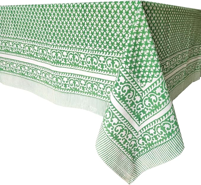 ATOSII Queen Green 100% Cotton Tablecloth, Handblock Print Rectangle Table Cover for Kitchen Dining I Tabletop Linen I Parties, Thanksgiving, Christmas, Wedding, Fall Table Cloth 60 X 108 Inches