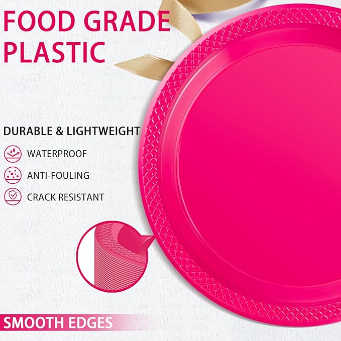 WELLIFE Hot Pink Party Plates 9 Inch -150 Count, Disposable Plastic Dinner Plates for Party Valentine's Day Girls' Birthday Baby Shower Wedding