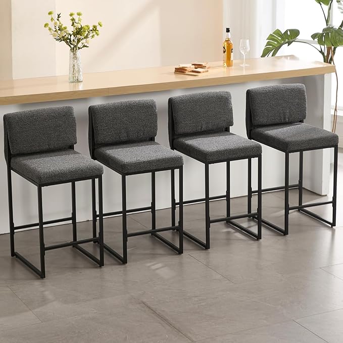 Modern Barstools Set of 4, 26” Upholstered Counter Height Bar Stools Sherpa Fabric Counter Stools with Padded Back Metal Frame for Kitchen Island Dining Room, Black