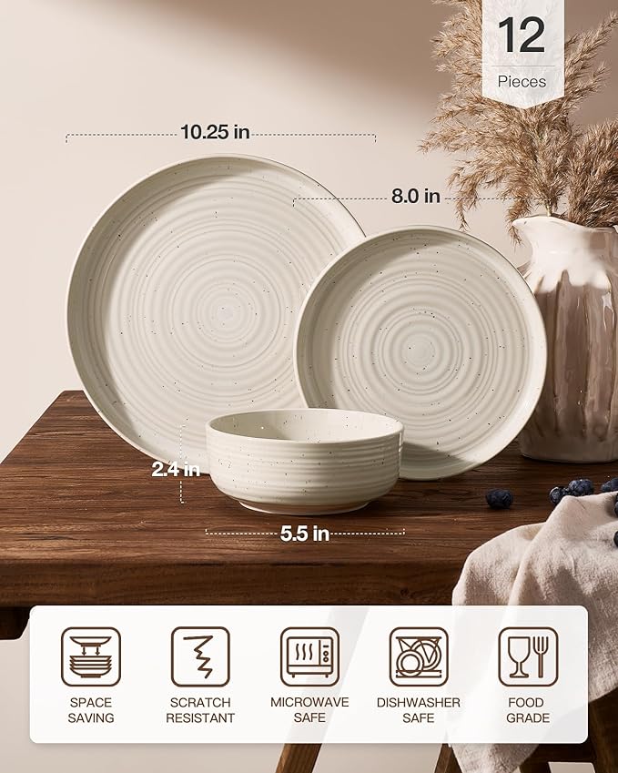 Stoneware Dinnerware Sets, Plate and Bowl Sets for 4, 12 Pieces Spiral Flared Dishware with Speckles and Reactive Glaze, Microwave Dishwasher Safe Family Tableware, Shell Beige