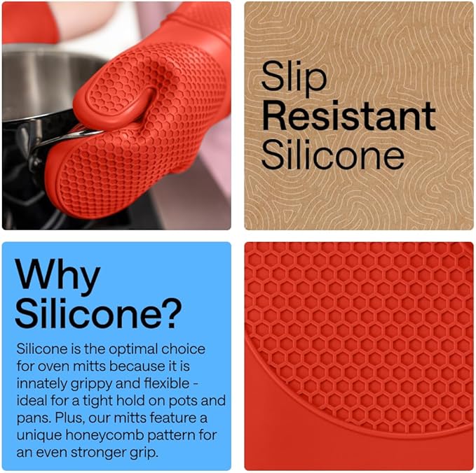 GORILLA GRIP BPA-Free Soft Silicone Oven Mitts, Heat Resistant and Waterproof Cooking Gloves, Thick Cotton Lining, Flexible Gripping for Baking Grilling, Kitchen Potholders Set of 2, 12.5x8.3, Coral