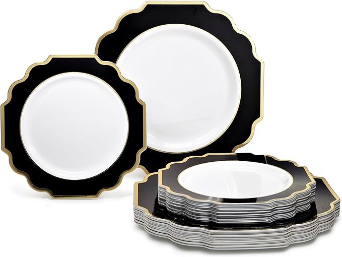 " OCCASIONS " 120 Plates Pack,(60 Guests) Heavyweight Premium Wedding Party Disposable Plastic Plates Set -60 x 10.5'' Dinner + 60 x 8'' Salad/Dessert (Imperial in Black & Gold)