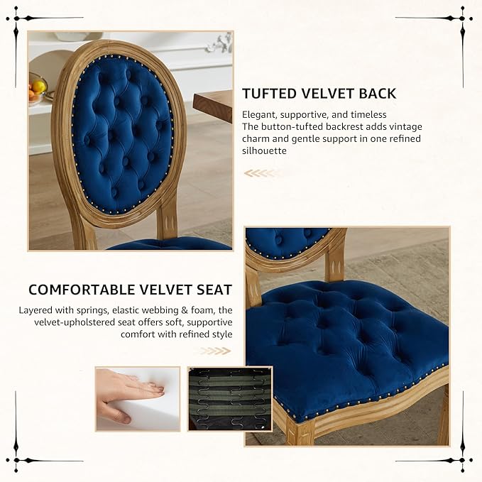 Vintage French Dining Chairs Set of 8, Round Back Velvet Upholstered Accent Chairs with Nailhead Trim and Solid Wood Frame, Elegant Sillas de Comedor for Dining Room & Kitchen, Blue
