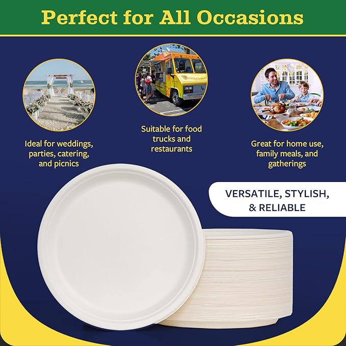 9” Compostable Plates, 125-Pack | Biodegradable Sugarcane | Sturdy, Microwave-Safe Disposable Plates for Parties & Events