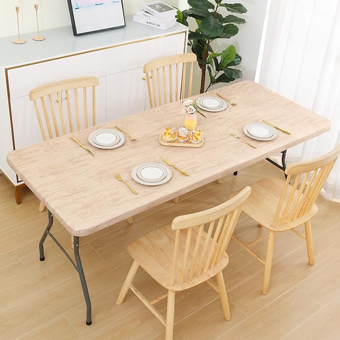Smiry Rectangle Table Cloth Cover, Waterproof Elastic Fitted Picnic Tablecloth for 8 Foot Tables, Wipeable Flannel Backed Vinyl Tablecloths for Camping, Dining, Outdoor (Beige Wood, 30" x 96")