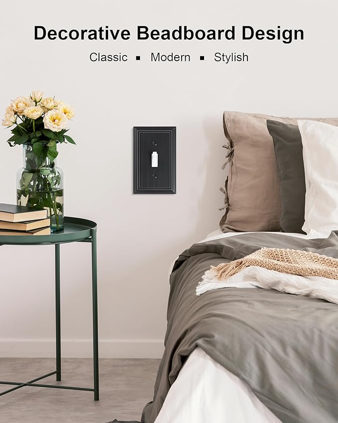 2-Pack Classic Beadboard Single Toggle Light Switch Cover Plate, Durable Natural Bamboo Fiber Decorative Switch Plate Covers, Matte Black 1 Gang Wall Plate